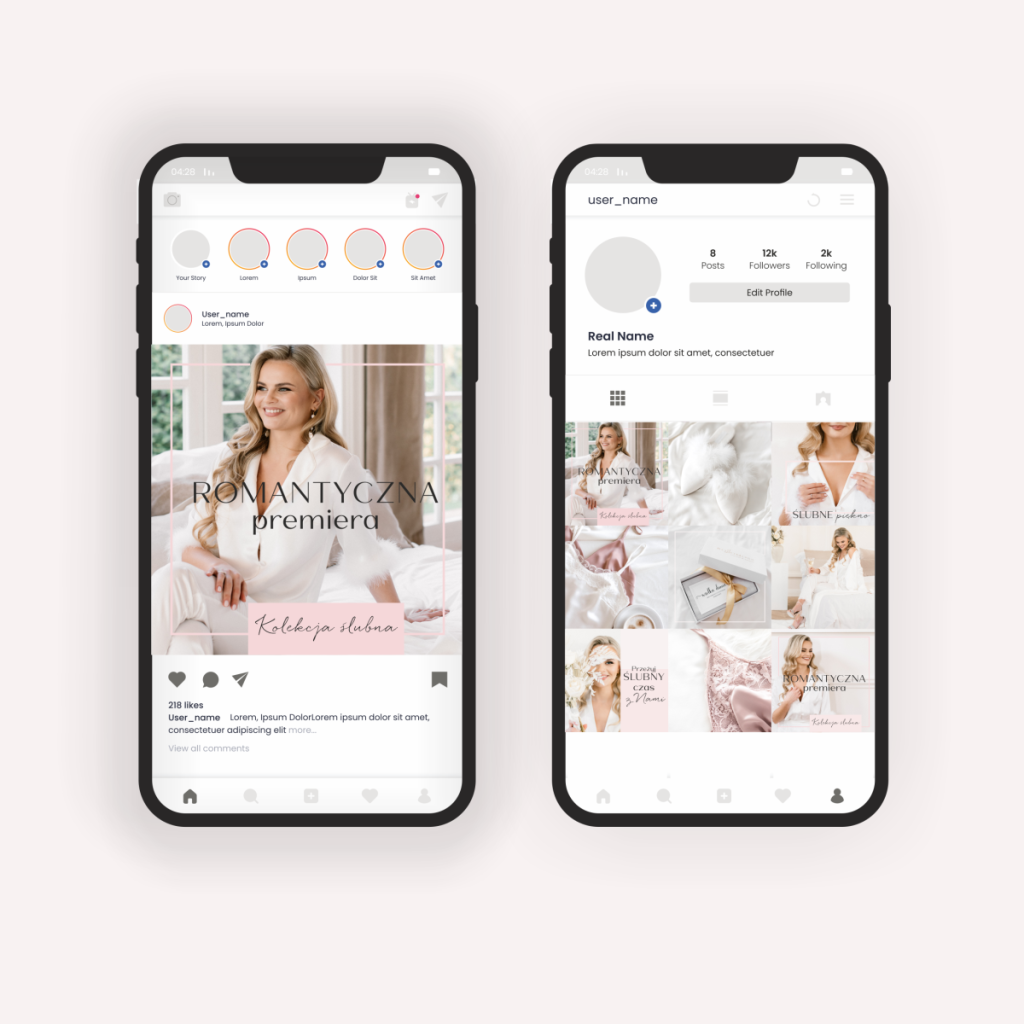 Projekt spójnych grafik na Instagram wyświetlonych na smartfonach